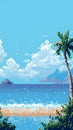 Retro pixelated island with palm tree and seagulls Royalty Free Stock Photo