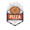 Retro pizzeria logo design. Vintage pizza emblem. Hipster badge style