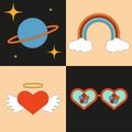 Retro planet and heart with wings stickers. Vintage graphic collage for funky poster or card design. Red sunglasses and