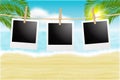 Retro polaroid frames and beach landscape. Vector