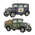 Retro police car and pickup truck with barrel. Vintage engraving Royalty Free Stock Photo
