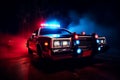 Retro police car with red and blue emergency lights flashing, illuminating the surrounding area. Generative AI Royalty Free Stock Photo