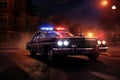 Retro police car with red and blue emergency lights flashing, illuminating the surrounding area. Generative AI Royalty Free Stock Photo