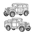 Retro police car and pickup truck with barrel. Vintage engraving