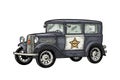 Retro police car sedan with sheriff star. Vintage color engraving Royalty Free Stock Photo