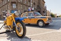 Retro police car VAZ 2106 and police motorcycle URAL Soviet time