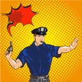 Retro police officer stop gesture, pop art retro vector illustration. Law and order