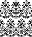 Retro Polish folk art vector seamless textile or fabric print pattern, black and white floral decorative folk art embroidery Lachy