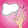 Retro pop art comic style illustration OK gesture with speech bubble for your text, woman hand showing okay sign on pink dotted