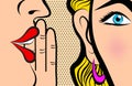 Retro Pop Art style Comic Style Book panel gossip girl whispering in ear secrets with pink cheek, rumor, word-of-mouth concept