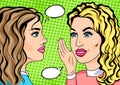 Retro pop art two girls whispering secret, gossiping friends concept in comics sketch style. Blonde and brunette women talking Royalty Free Stock Photo