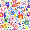 Retro Pop Eighties Musi Disco Seamless Pattern. Futuristic 80 s Background Wallpaper