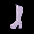 Retro pop sparkling boot on platform. Vintage glittering high heel shoe. Funky shining footwear. Luxury outfit in 90s