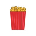 Retro popcorn bucket in a flat style. Tasty junk food. Vector groovy illustrations. Good for stickers, cards design