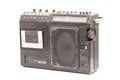 Retro portable stereo cassette tape recorder from 80s. English translation: microphone, mixing, network, charge