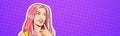 Retro Portrait Of Beautiful Woman In Pop Art Style With Long Pink Hair Looking Up To Copy Space Horizontal Banner