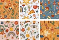 Retro Positive seamless patterns 70s, with colorful rainbows, leaves and flowers, dove, mushrooms, retro bus and other