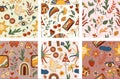 Retro Positive seamless patterns 70s, with colorful rainbows, leaves and flowers, dove, sun and other groovy elements