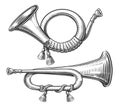 Retro Post horn. Hunting bugle sketch illustration in engraving style Royalty Free Stock Photo