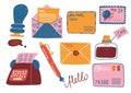 Retro Post Supplies Set, Mailbox, Letters, Postcard, Pen, Inkwell, Typewriter Vector Illustration