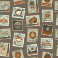 Seamless pattern with postage stamps coffee theme