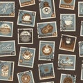 Retro Postage Seamless Background. Vector seamless pattern on coffee and coffee house theme with postage stamps and postmarks in Royalty Free Stock Photo