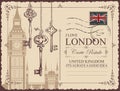 Vintage postcard with Big Ben and old keys