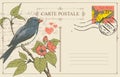 Retro postcard with a bird on a flowering tree Royalty Free Stock Photo