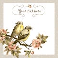 Retro postcard in brown sepia color with vintage birds, flower roses