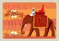 Retro postcard India. Indians on an elephant, in the background a jungle, palm trees, a river, the moon