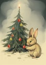 Retro postcard style of little bunny sitting near the decorated Christmas tree with dark sky at the background