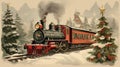 Retro Postcard Vintage Christmas Red Train. Holiday Greeting Decoration Card