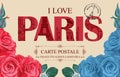 Retro postcard with words I love Paris and landmarks and French flag roses Royalty Free Stock Photo