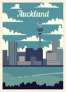 Retro poster Auckland city skyline. vintage vector illustration