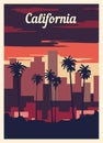 Retro poster California city skyline. vintage, vector illustration