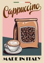 Retro poster, Cappuccino cup, bag with coffee bean