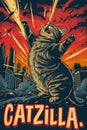 Retro poster, A cat monster destroying everything