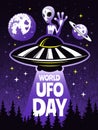 Retro poster concept for world day of ufo. Pictures of funny alien