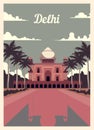 Retro poster Delhi city skyline vintage, vector illustration