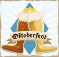 Retro Poster with Double Beer Boot Toasting in Oktoberfest Celebration, Vector Illustration Royalty Free Stock Photo