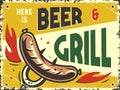 Retro poster with grill barbeque sausage on a fork