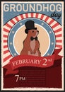 Retro poster for Groundhog Day, holiday decoration. Flyer party invitation.