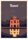 Retro poster Hanoi city skyline vintage, vector illustration