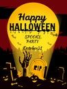 Retro poster Happy Halloween poster, night cemetery, zombie hand crawls out against, background of the full moon Royalty Free Stock Photo