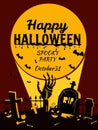 Retro poster Happy Halloween poster, night cemetery, zombie hand crawls out against, background of the full moon Royalty Free Stock Photo