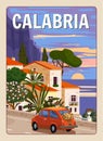 Retro Poster Italy, Calabria resort, Amalfi coast. Road retro car, mediterranean romantic landscape, mountains, seaside Royalty Free Stock Photo