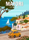 Retro Poster Italy, Mayori resort, Amalfi coast. Road retro car, mediterranean romantic landscape, mountains, seaside Royalty Free Stock Photo