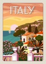 Retro Poster Italy, mediterranean romantic landscape, mountains, seaside town, sailboat, sea. Retro travel poster Royalty Free Stock Photo