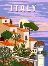 Retro Poster Italy, mediterranean romantic landscape, mountains, seaside town, sailboat, sea. Retro travel poster Royalty Free Stock Photo