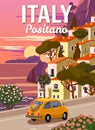 Retro Poster Italy, Positano resort, Amalfi coast. Road retro car, mediterranean romantic landscape, mountains, seaside Royalty Free Stock Photo